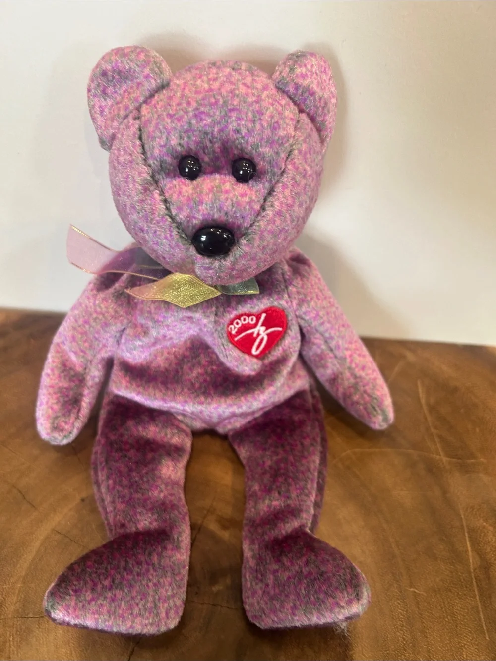 1999 Beanie Baby Style Plush Bear - Pink Purple Tweed Heart